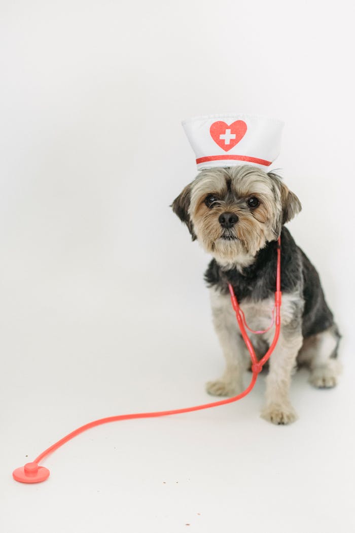 hero-img-01 Cute funny fluffy puppy Yorkshire Terrier with toy stethoscope and medical hat against white background
